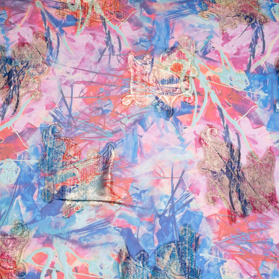 Pink & Blue Printed Jacquard Lamé Silk Chiffon