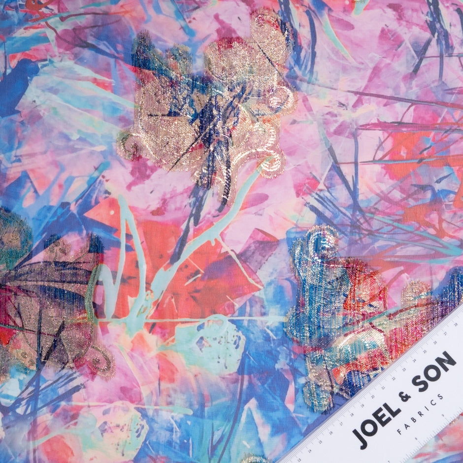 Pink & Blue Printed Jacquard Lamé Silk Chiffon