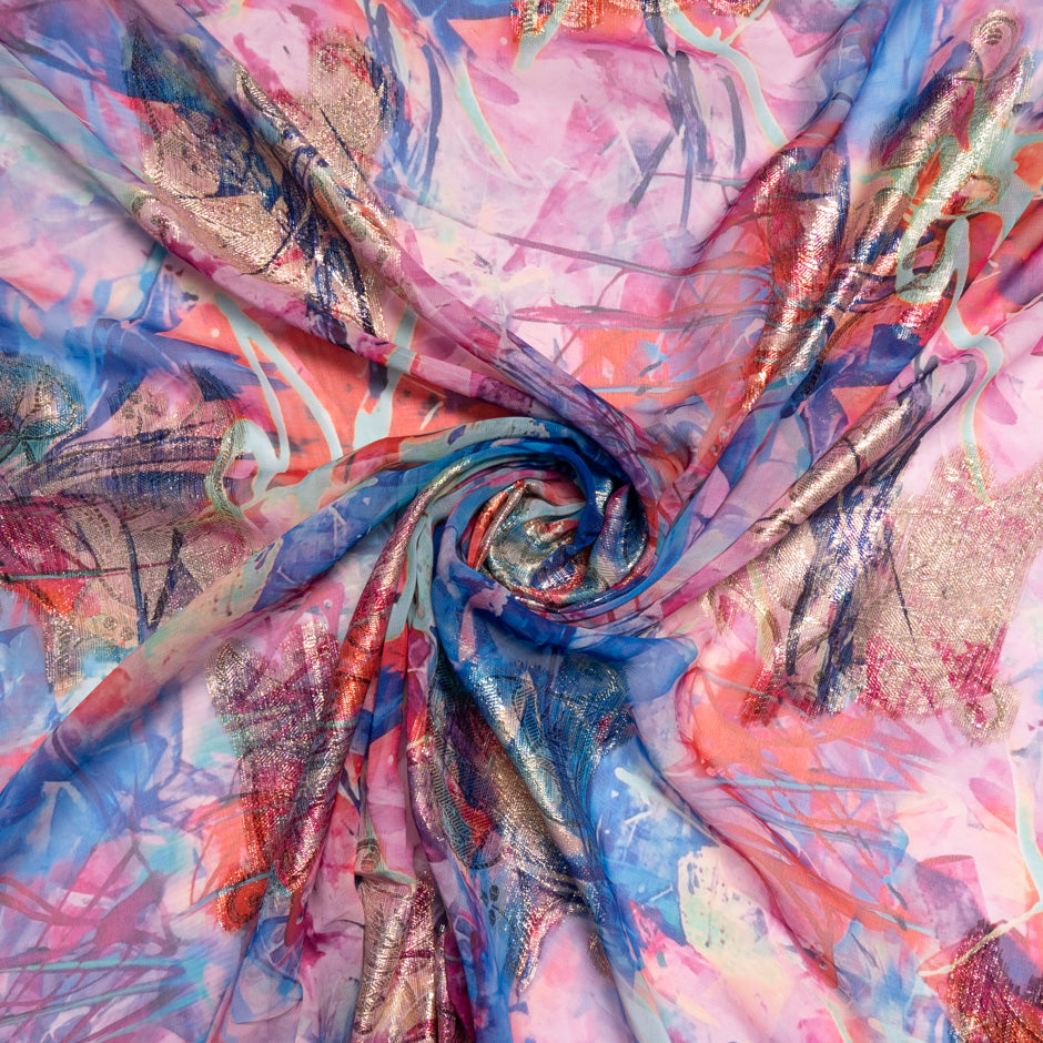 Pink & Blue Printed Jacquard Lamé Silk Chiffon
