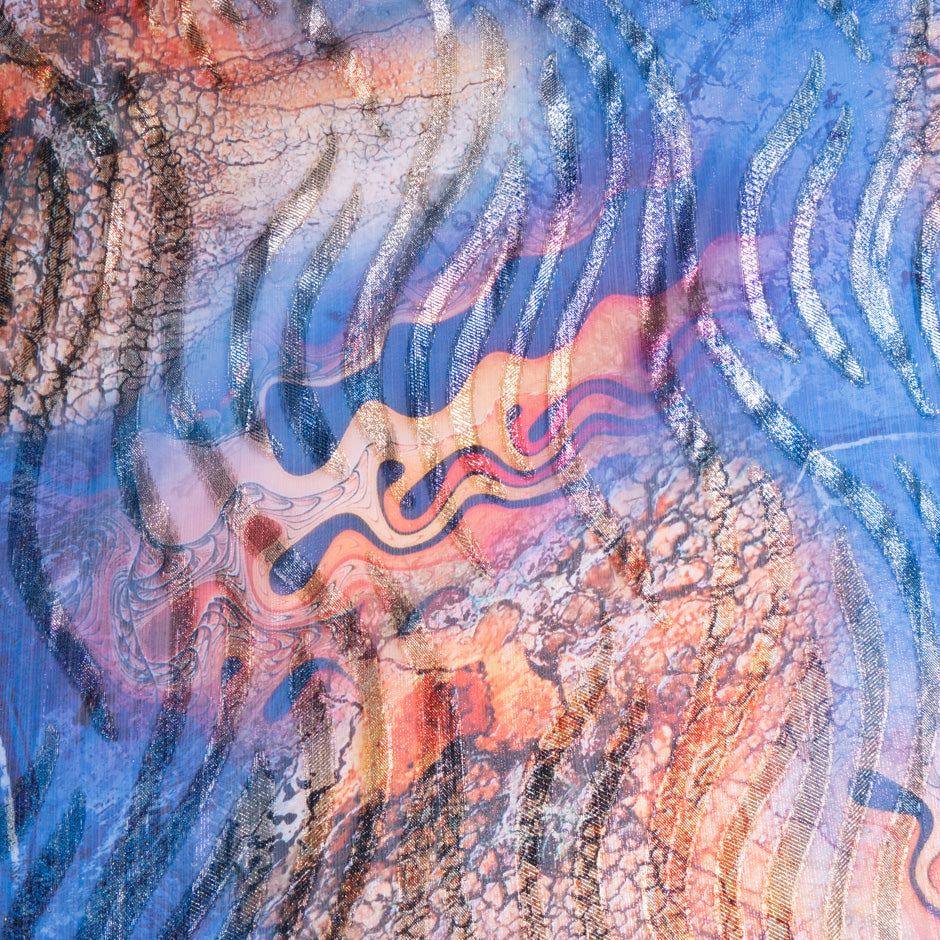 Blue & Orange Printed Jacquard Lamé Silk Chiffon