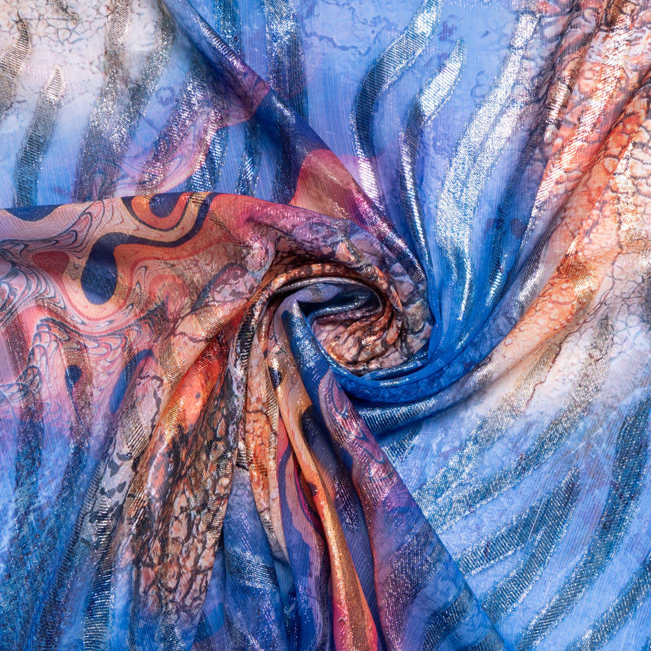 Blue & Orange Printed Jacquard Lamé Silk Chiffon