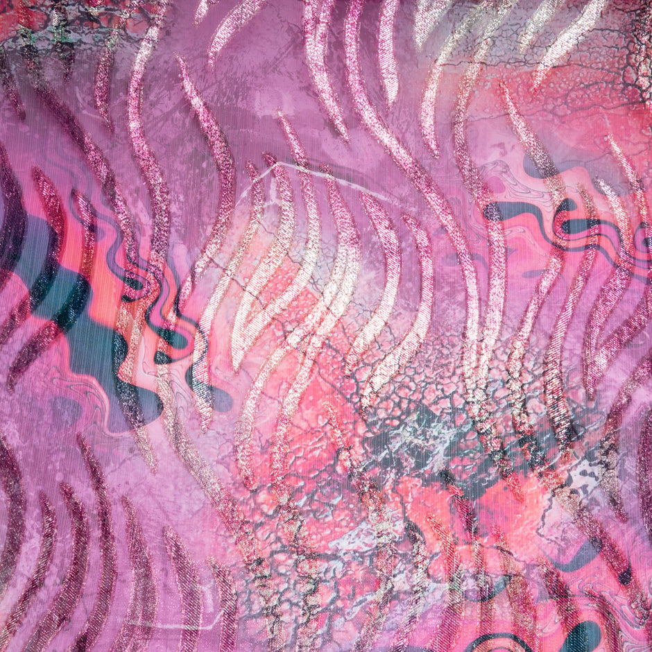 Pink Printed Jacquard Lamé Silk Chiffon