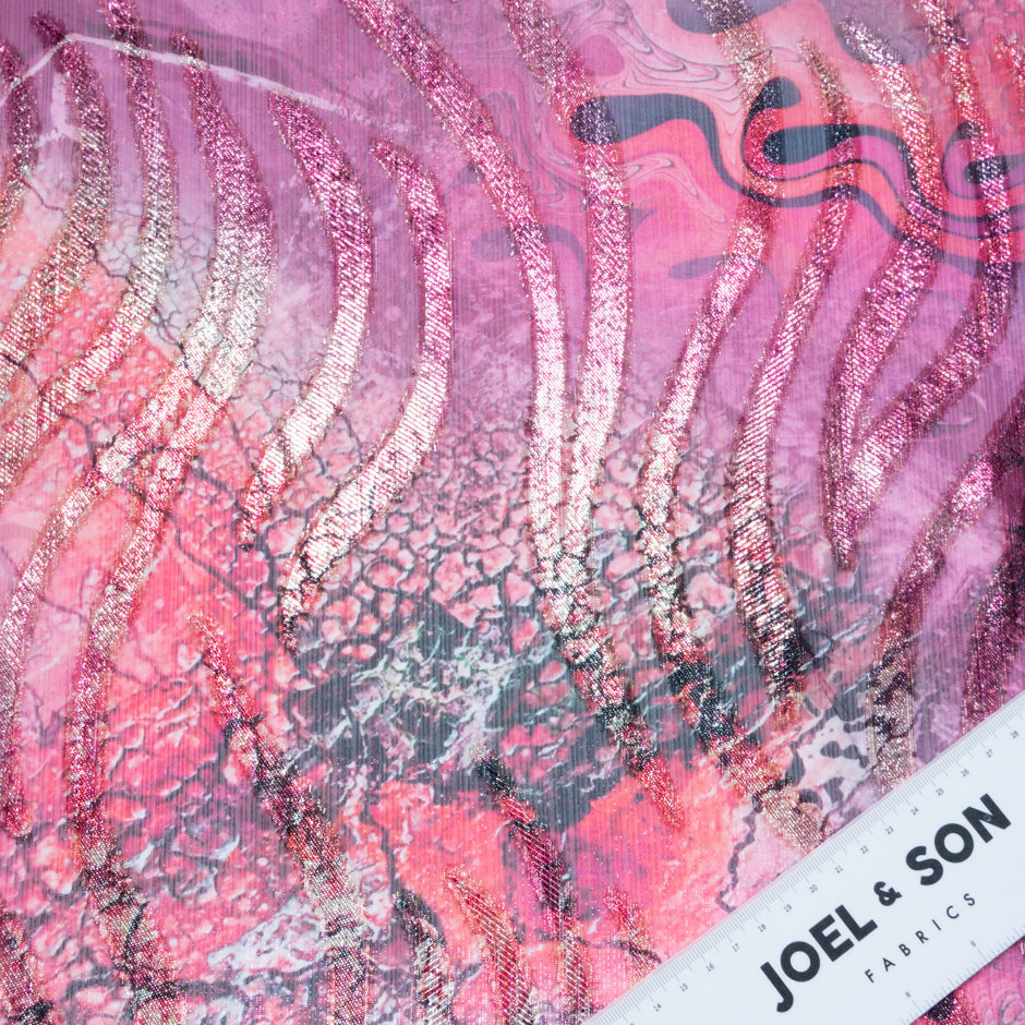 Pink Printed Jacquard Lamé Silk Chiffon