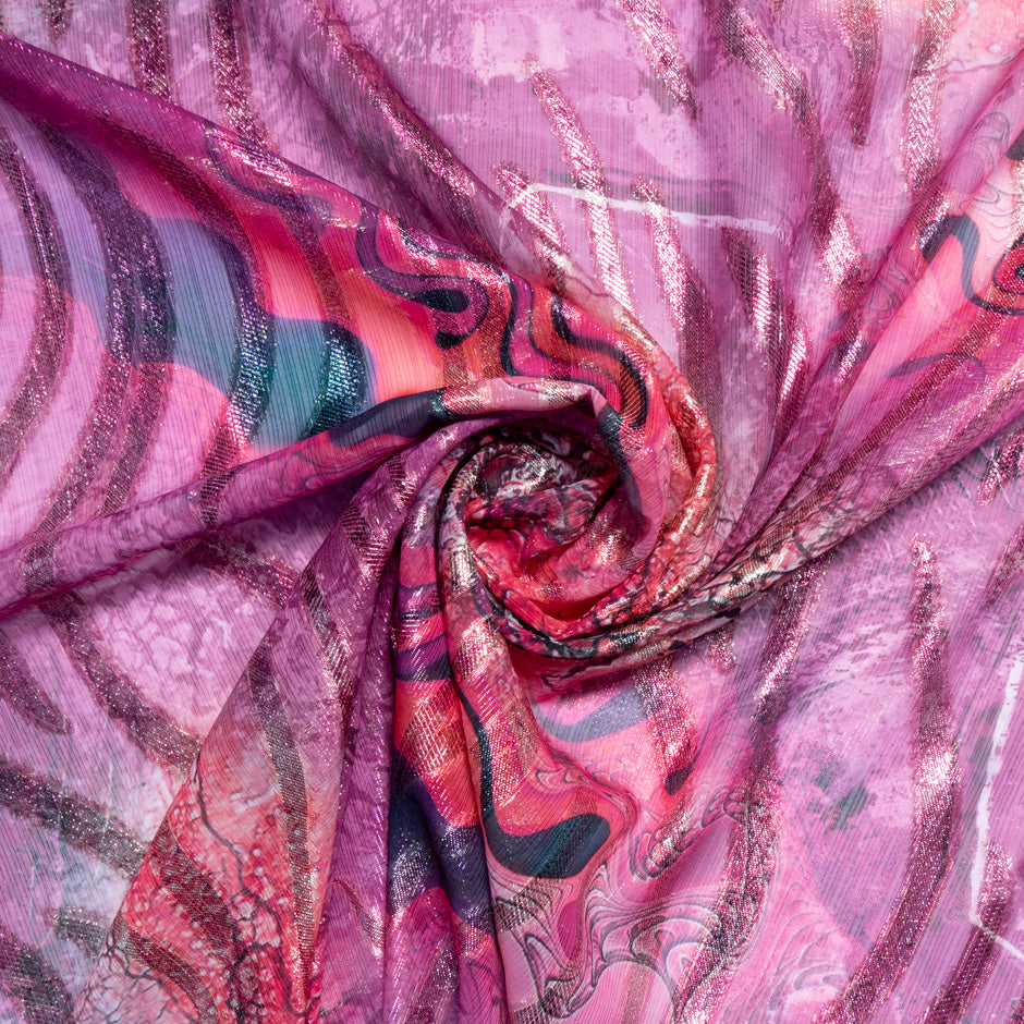 Pink Printed Jacquard Lamé Silk Chiffon