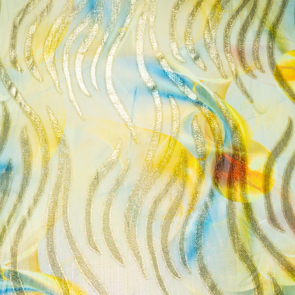 Yellow & Blue Jacquard Lamé Silk Chiffon