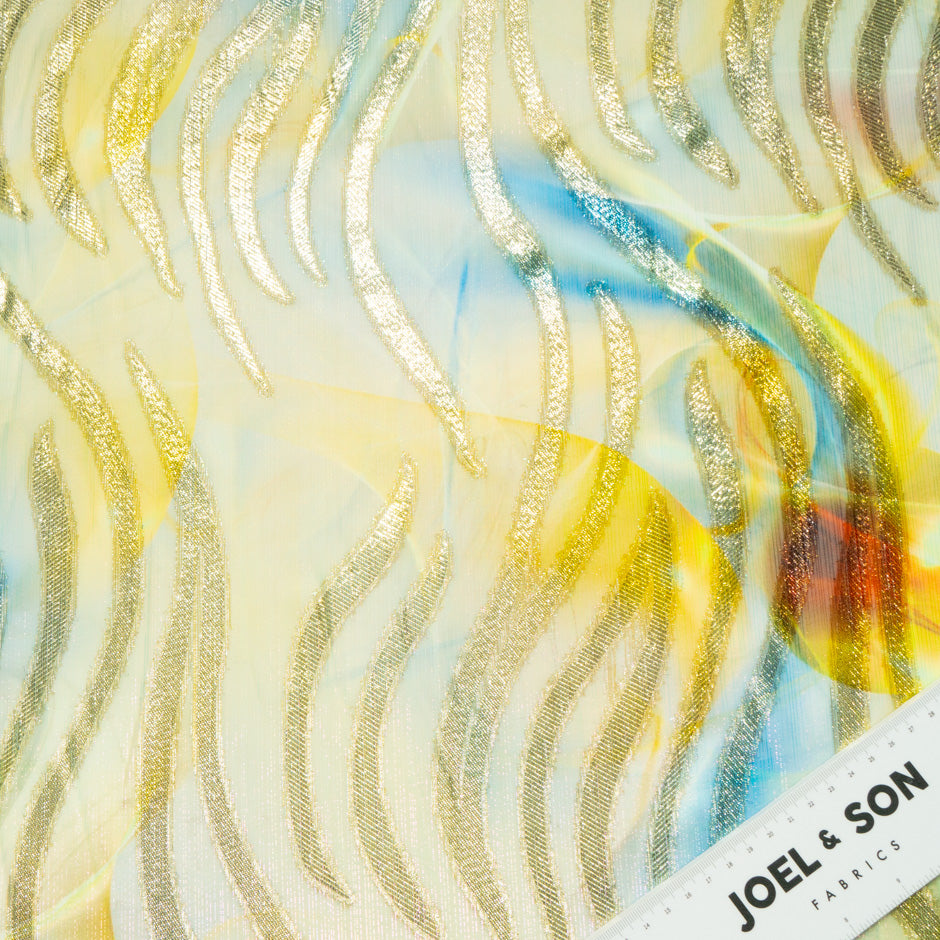 Yellow & Blue Jacquard Lamé Silk Chiffon
