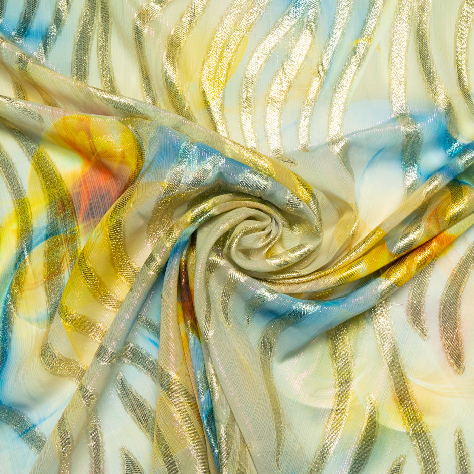Yellow & Blue Jacquard Lamé Silk Chiffon