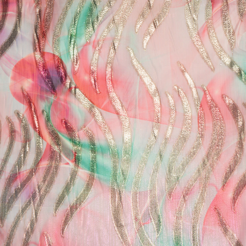 Pink & Green Jacquard Lamé Silk Chiffon