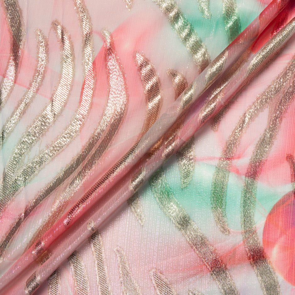 Pink & Green Jacquard Lamé Silk Chiffon