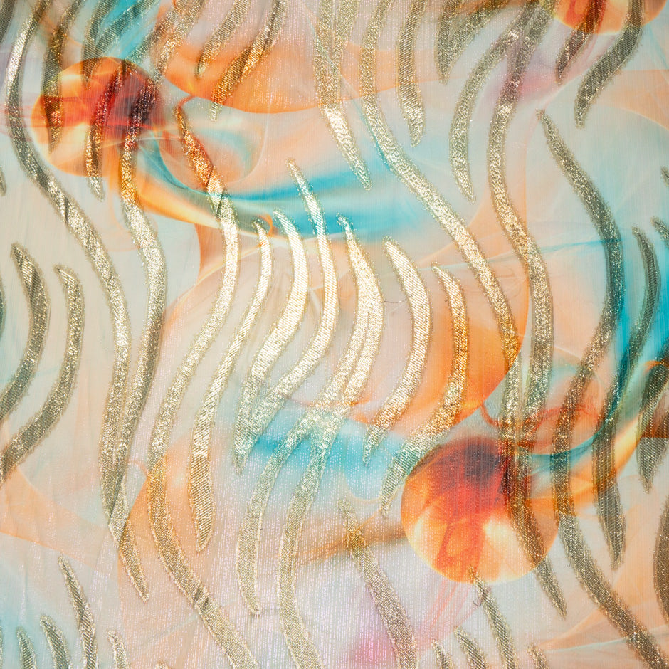 Sky Blue & Peach Jacquard Lamé Silk Chiffon