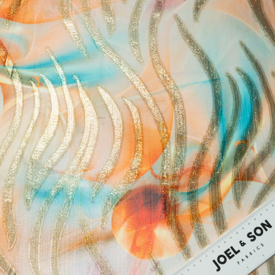 Sky Blue & Peach Jacquard Lamé Silk Chiffon