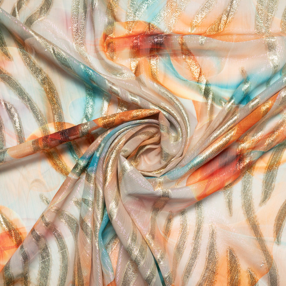 Sky Blue & Peach Jacquard Lamé Silk Chiffon