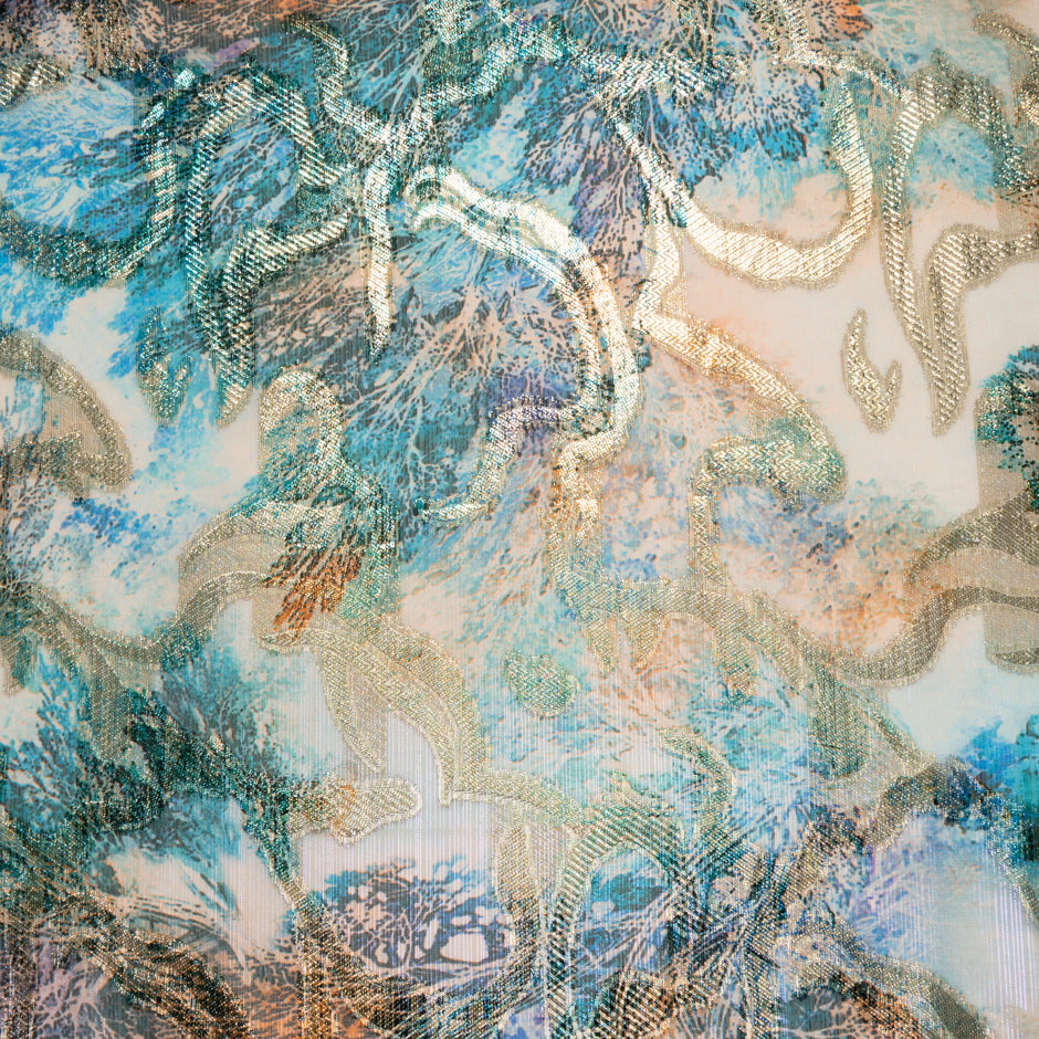 Sea Blue & Beige Jacquard Lamé Silk Chiffon