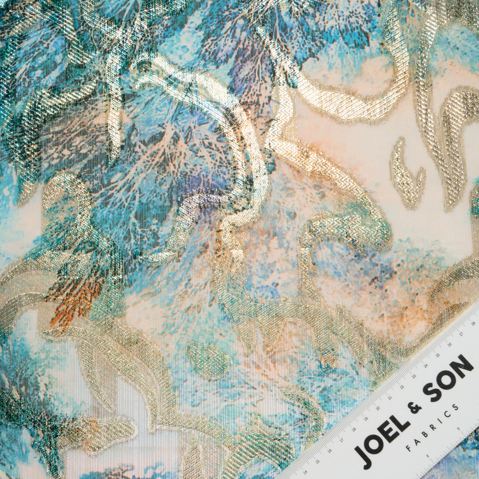 Sea Blue & Beige Jacquard Lamé Silk Chiffon