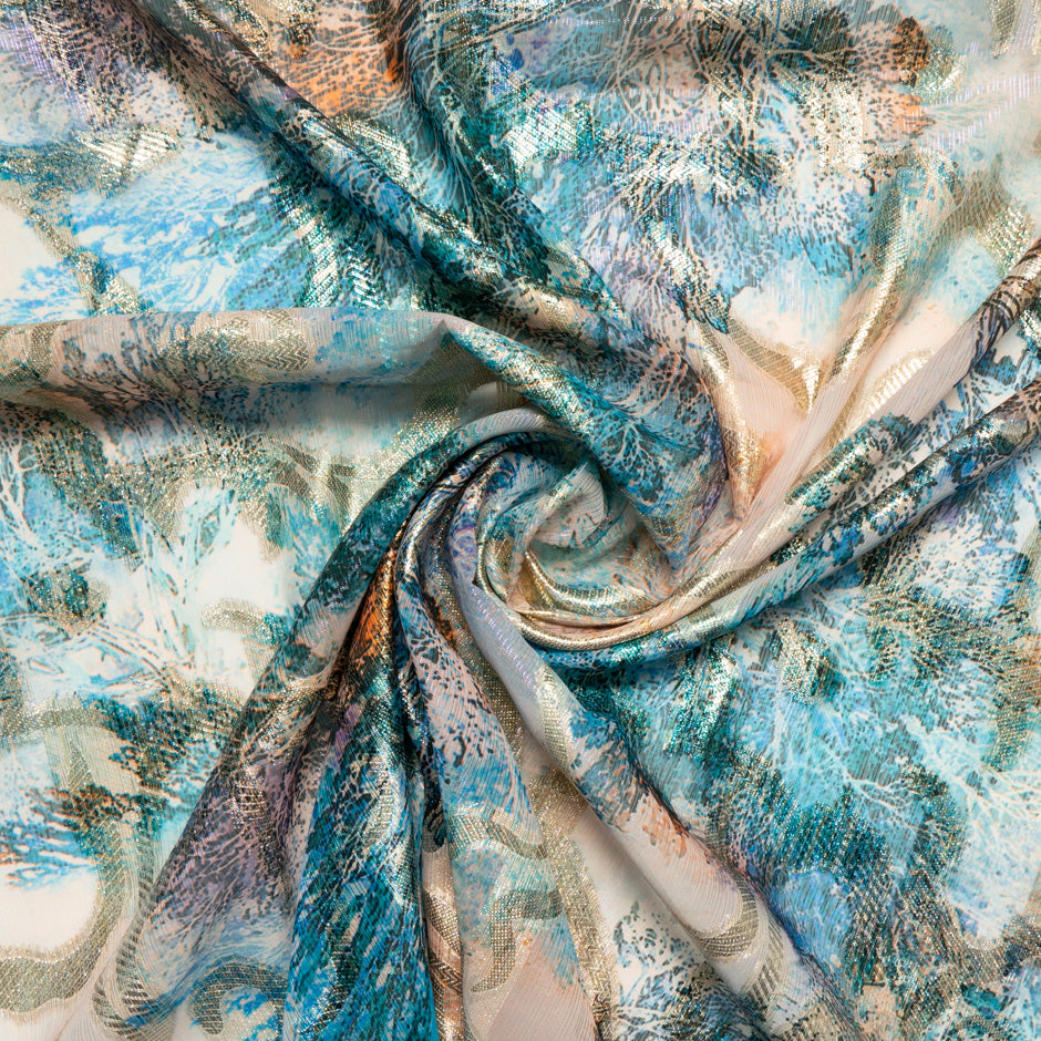 Sea Blue & Beige Jacquard Lamé Silk Chiffon