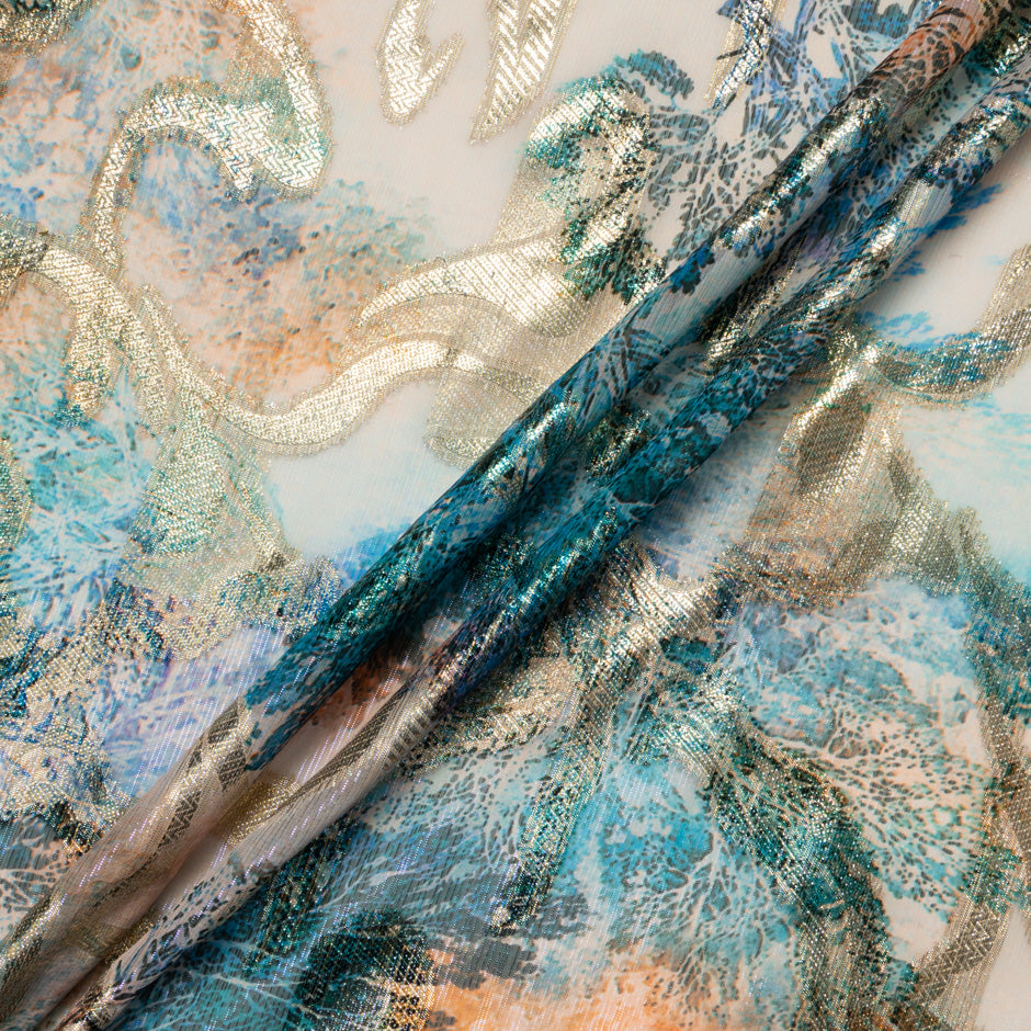 Sea Blue & Beige Jacquard Lamé Silk Chiffon