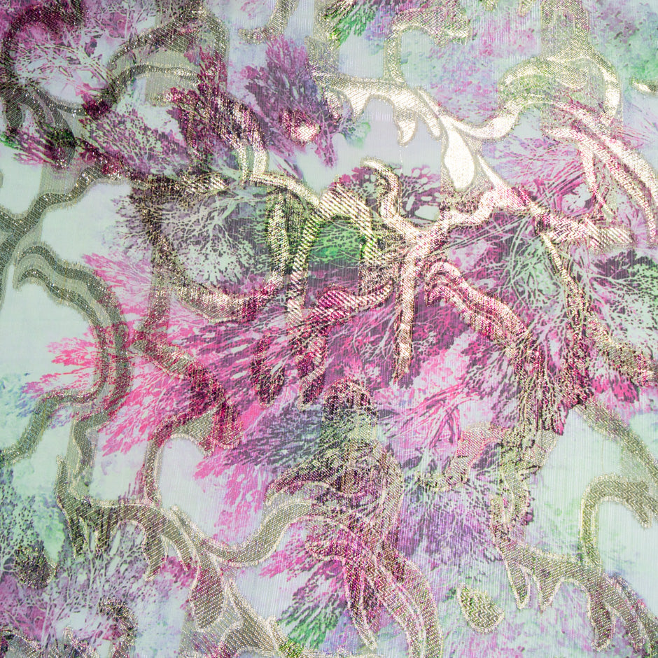 Pink & Green Jacquard Lamé Silk Chiffon