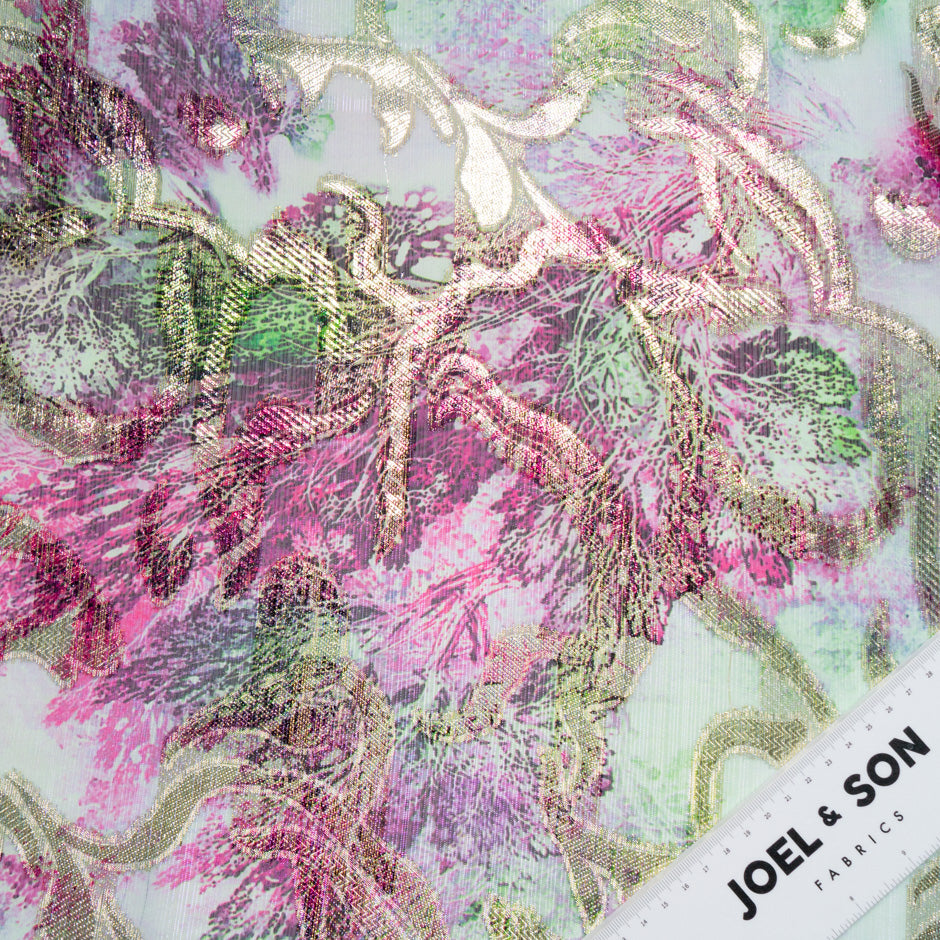 Pink & Green Jacquard Lamé Silk Chiffon