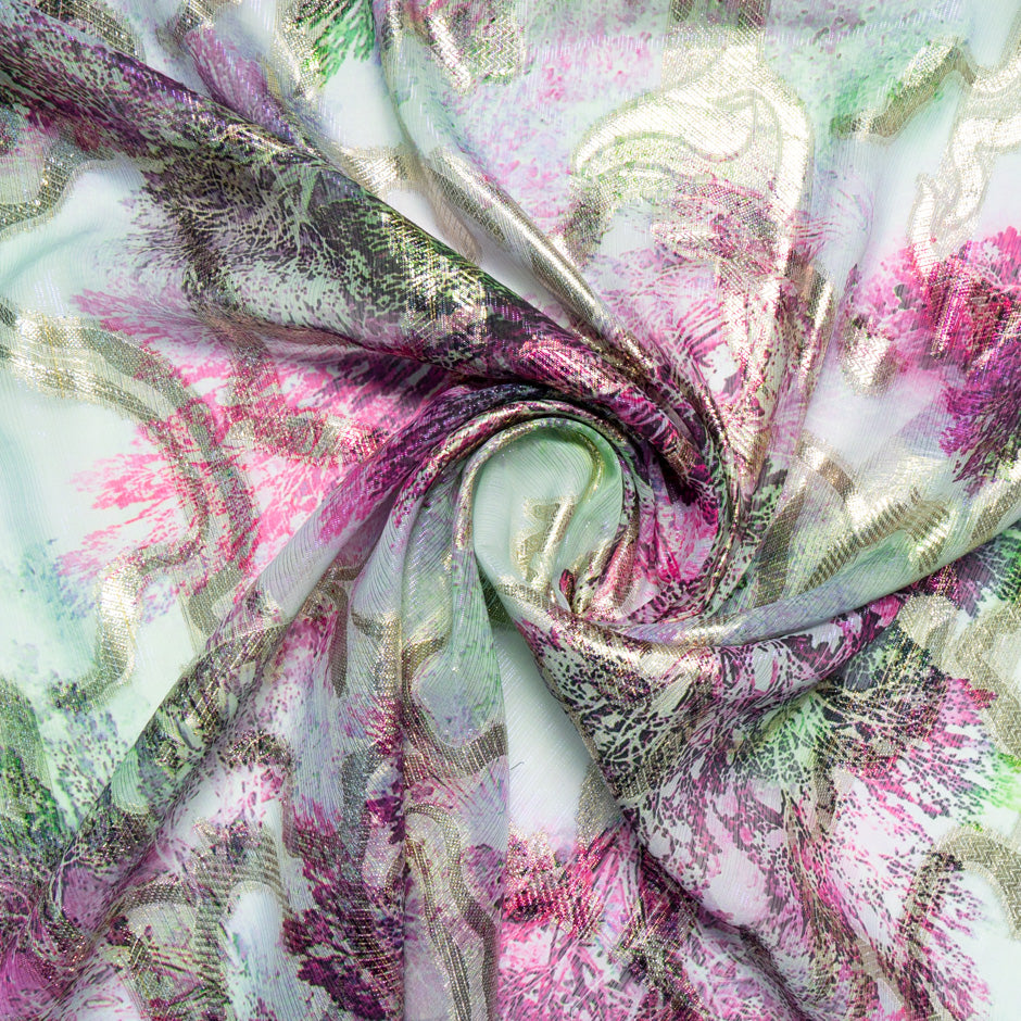 Pink & Green Jacquard Lamé Silk Chiffon