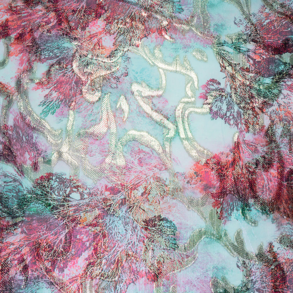 Soft Turquoise & Red Jacquard Lamé Silk Chiffon