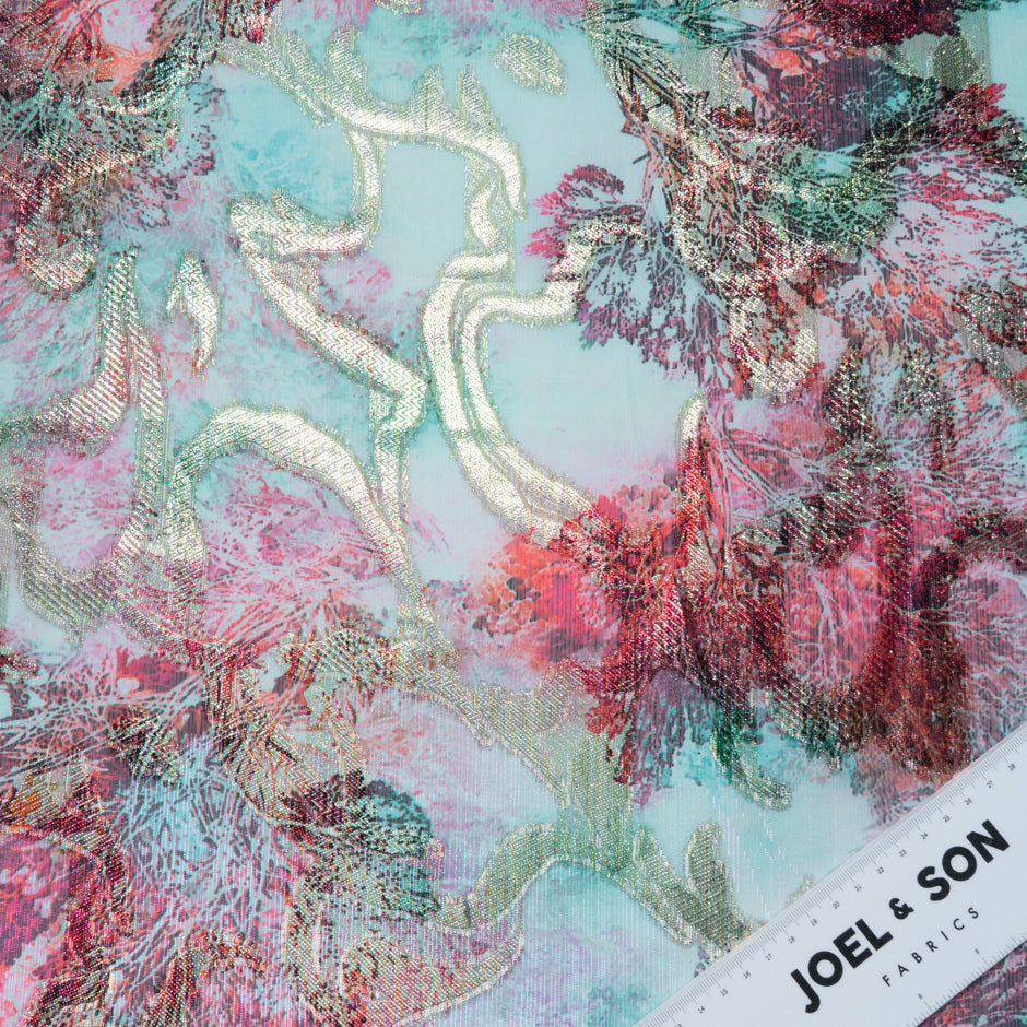 Soft Turquoise & Red Jacquard Lamé Silk Chiffon