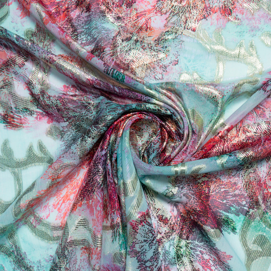 Soft Turquoise & Red Jacquard Lamé Silk Chiffon