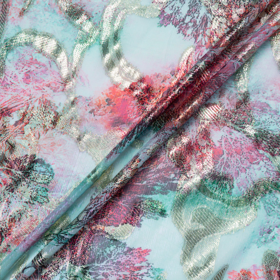 Soft Turquoise & Red Jacquard Lamé Silk Chiffon