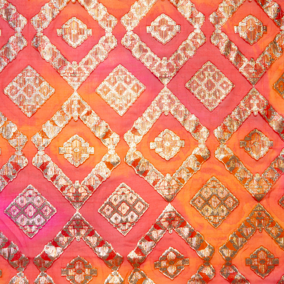 Orange & Red Metallic Jacquard Lamé Silk Chiffon