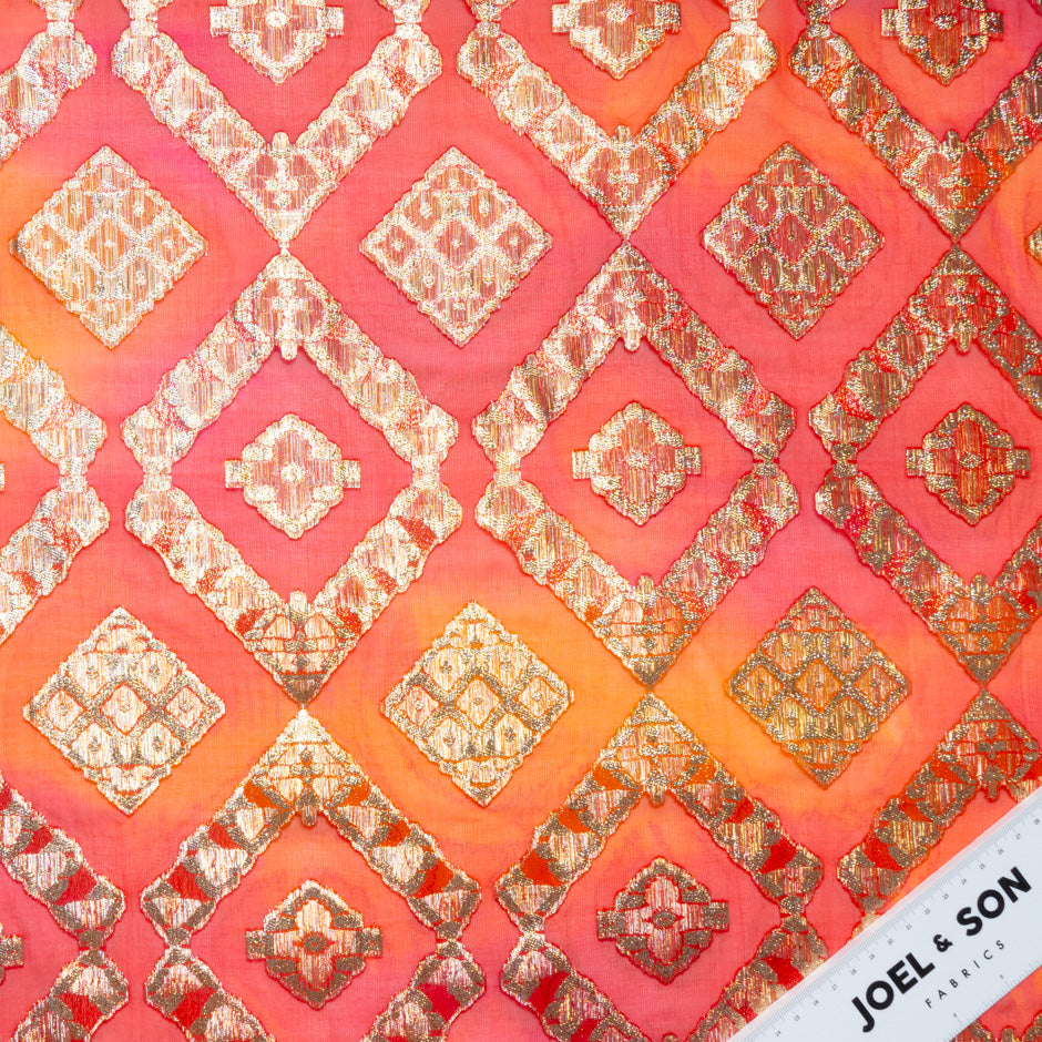 Orange & Red Metallic Jacquard Lamé Silk Chiffon