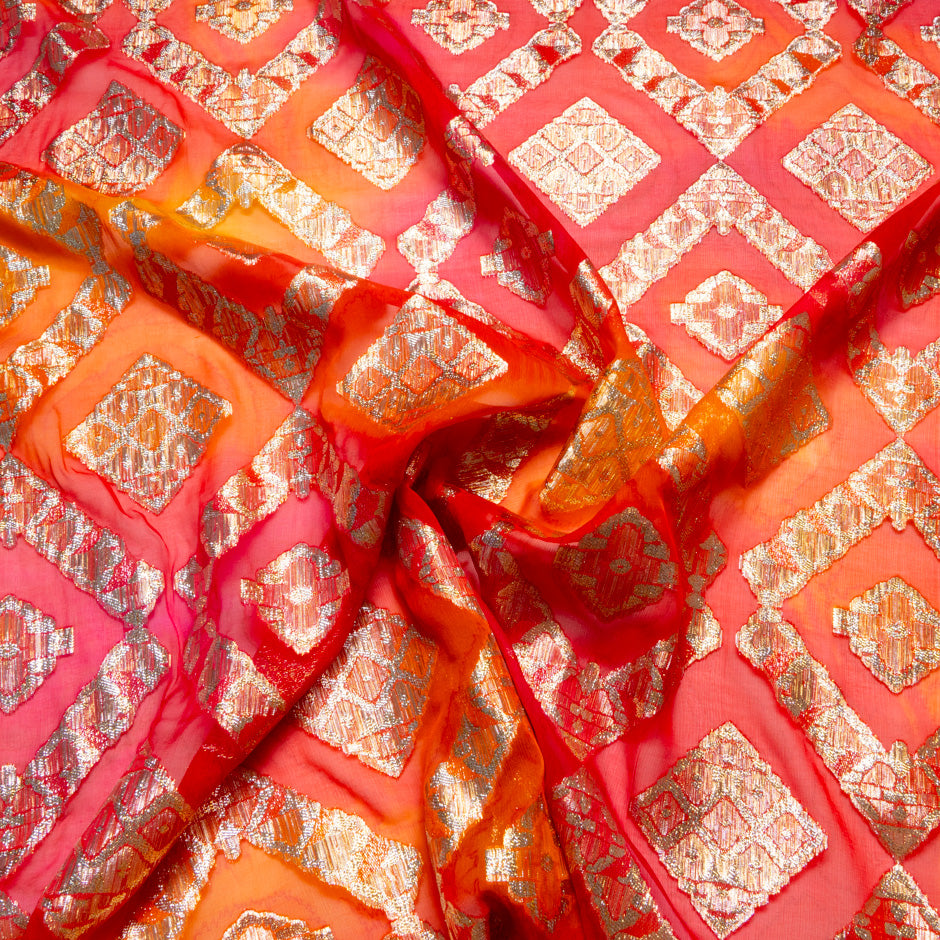 Orange & Red Metallic Jacquard Lamé Silk Chiffon