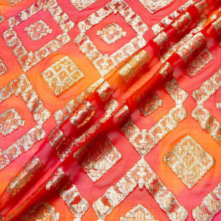 Orange & Red Metallic Jacquard Lamé Silk Chiffon