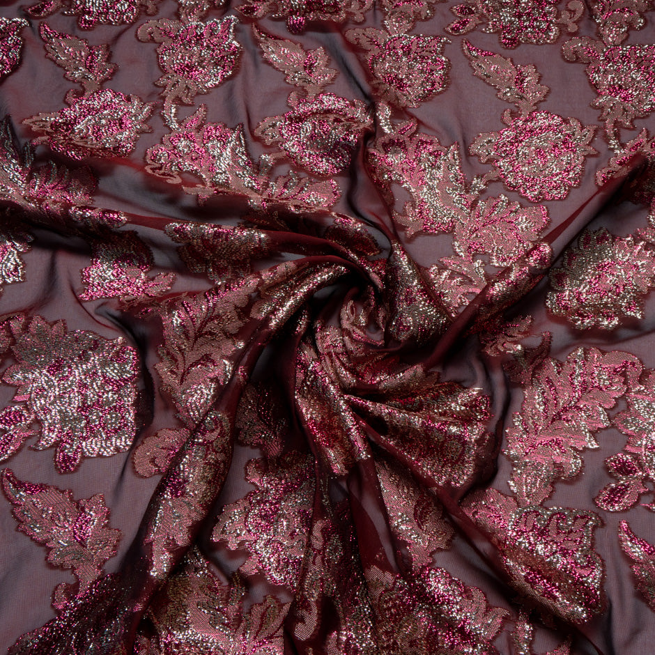 Metallic Jacquard Lamé Burgundy Silk Chiffon