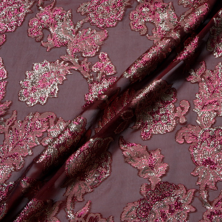 Metallic Jacquard Lamé Burgundy Silk Chiffon