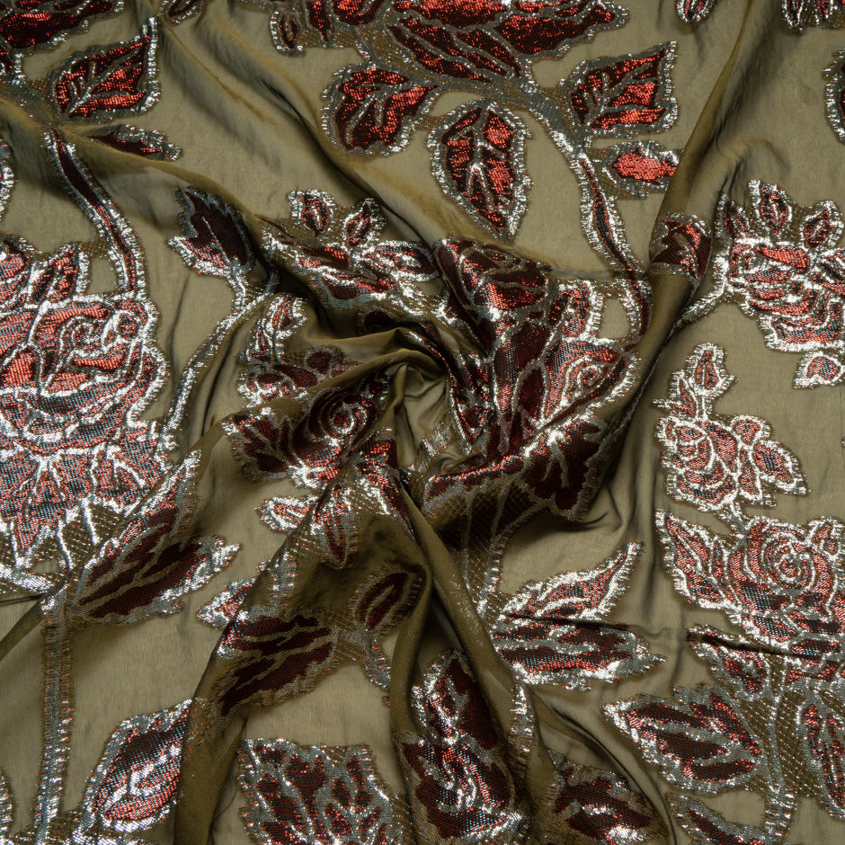 Rose Metallic Jacquard Lamé Olive Silk Chiffon