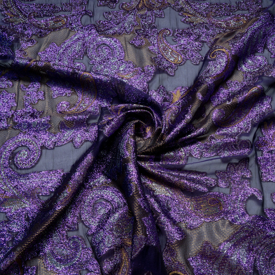 Rich Purple Metallic Jacquard Lamé Silk Chiffon