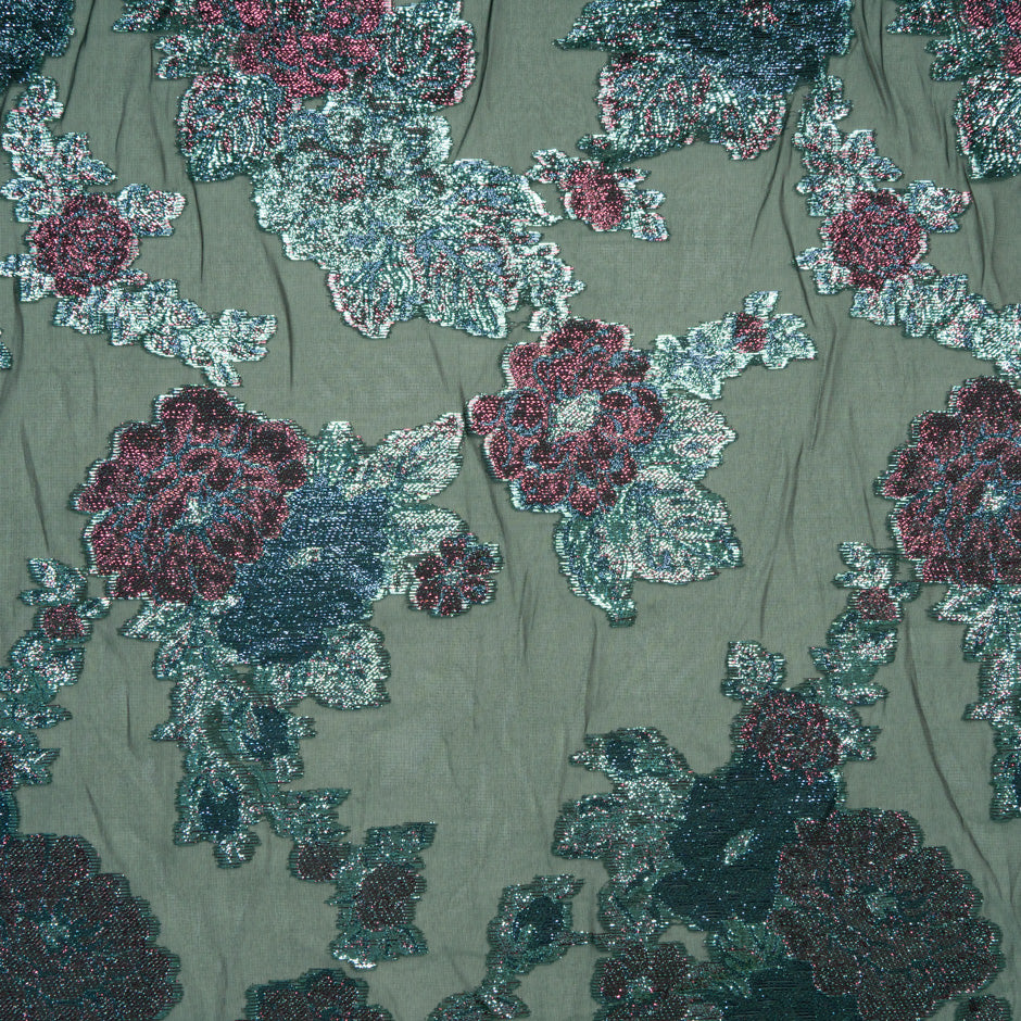 Floral Metallic Jacquard Lamé Green Silk Chiffon