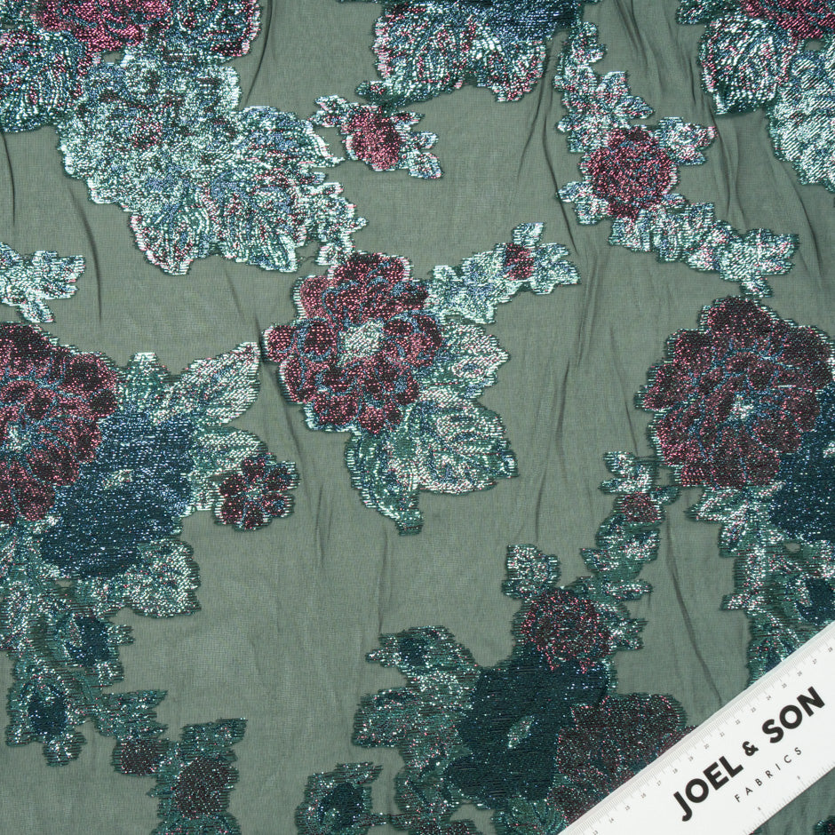 Floral Metallic Jacquard Lamé Green Silk Chiffon