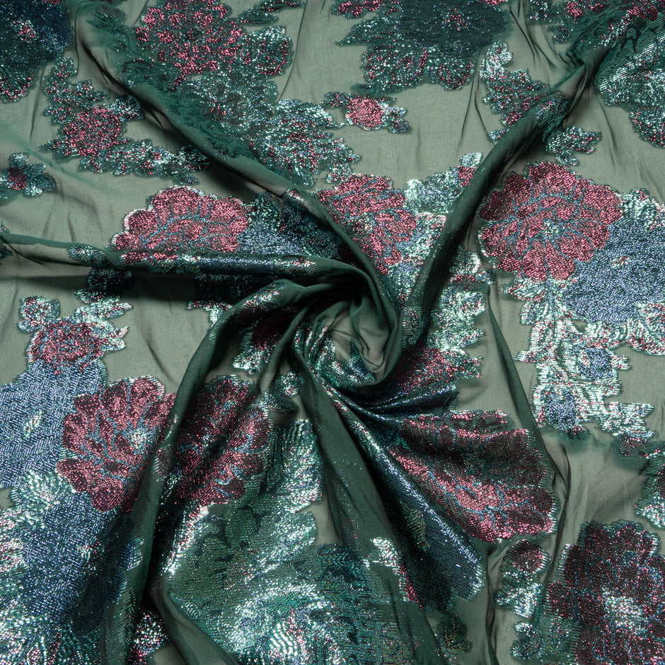 Floral Metallic Jacquard Lamé Green Silk Chiffon