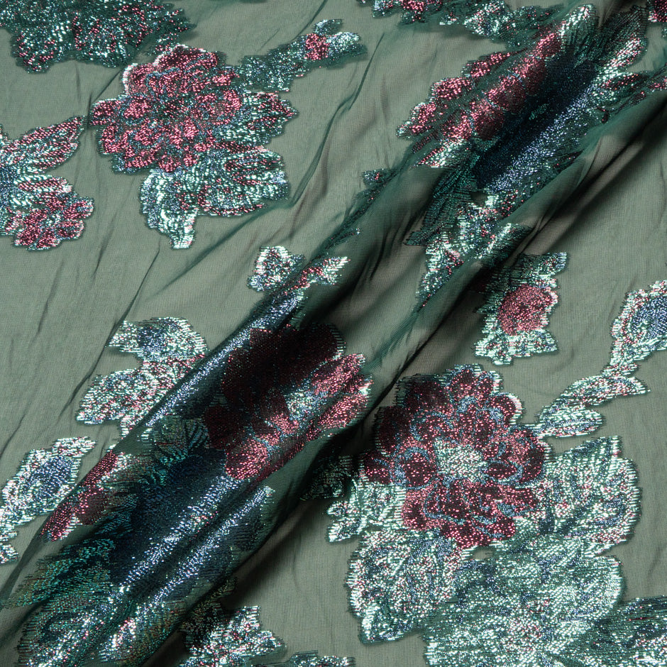 Floral Metallic Jacquard Lamé Green Silk Chiffon