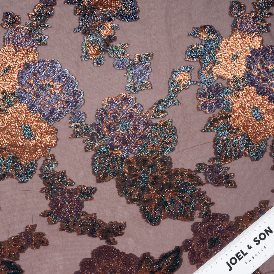 Floral Metallic Jacquard Lamé Burgundy Silk Chiffon