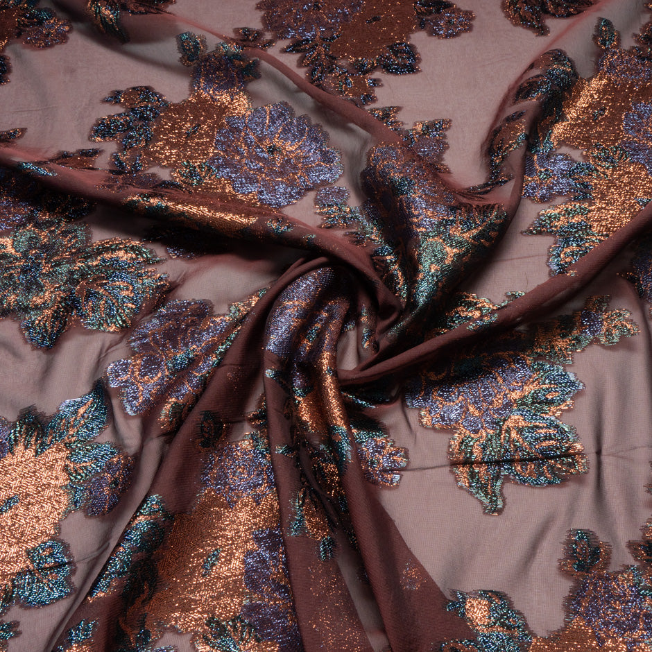 Floral Metallic Jacquard Lamé Burgundy Silk Chiffon
