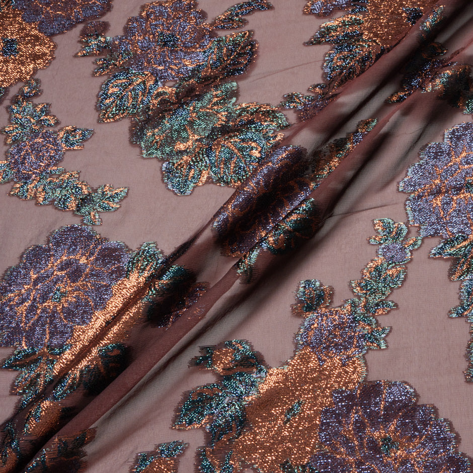 Floral Metallic Jacquard Lamé Burgundy Silk Chiffon