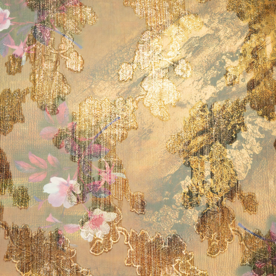 Floral Printed Gold Silk Chiffon Metallic Jacquard