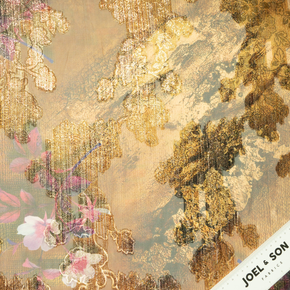 Floral Printed Gold Silk Chiffon Metallic Jacquard