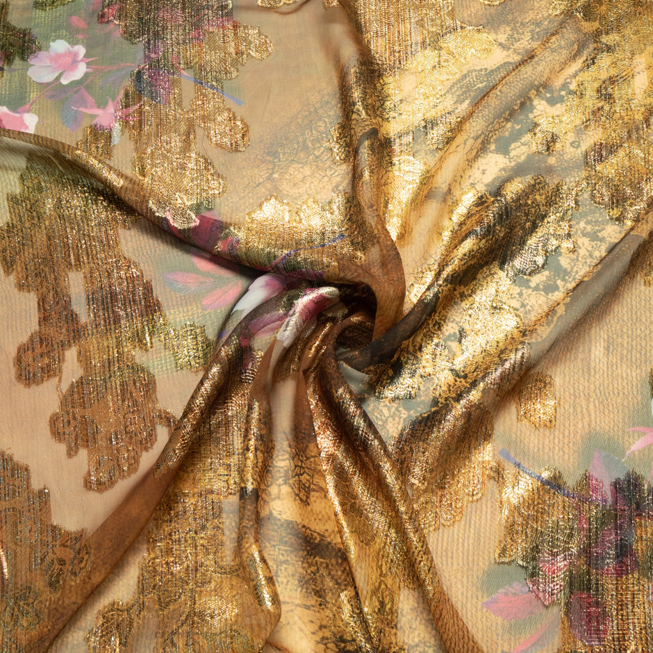 Floral Printed Gold Silk Chiffon Metallic Jacquard
