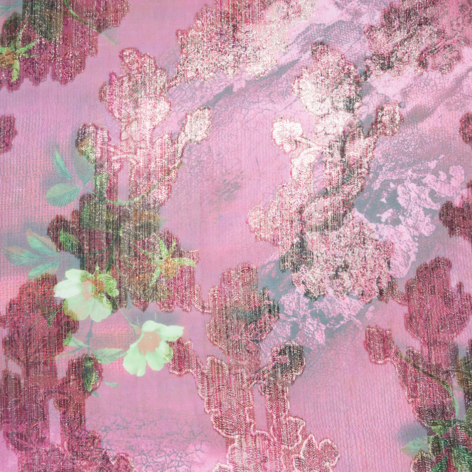 Floral Printed Pink Silk Chiffon Metallic Jacquard