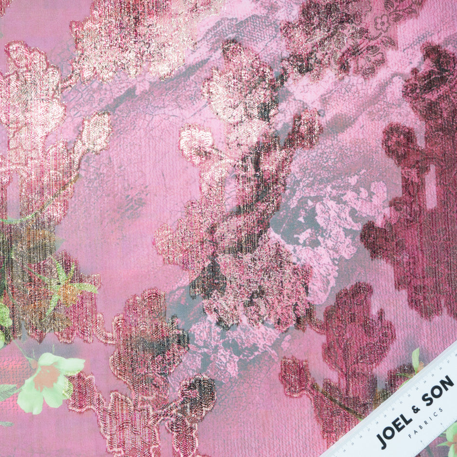Floral Printed Pink Silk Chiffon Metallic Jacquard