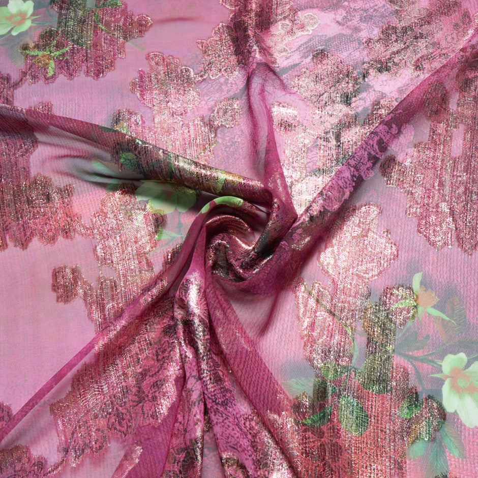 Floral Printed Pink Silk Chiffon Metallic Jacquard