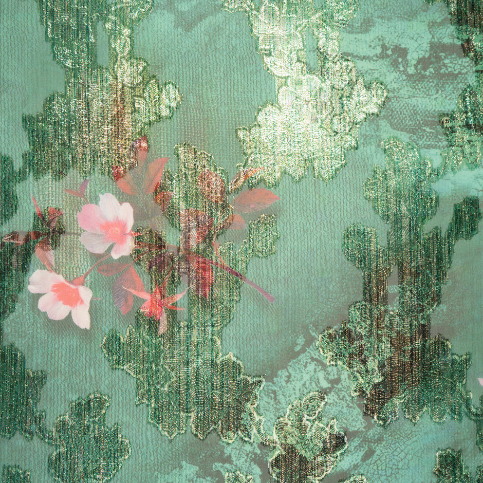 Floral Printed Green Silk Chiffon Metallic Jacquard