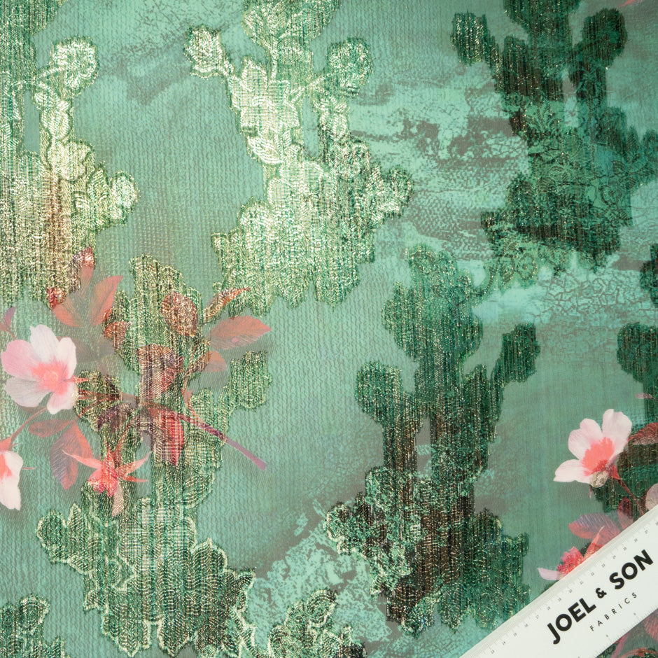 Floral Printed Green Silk Chiffon Metallic Jacquard